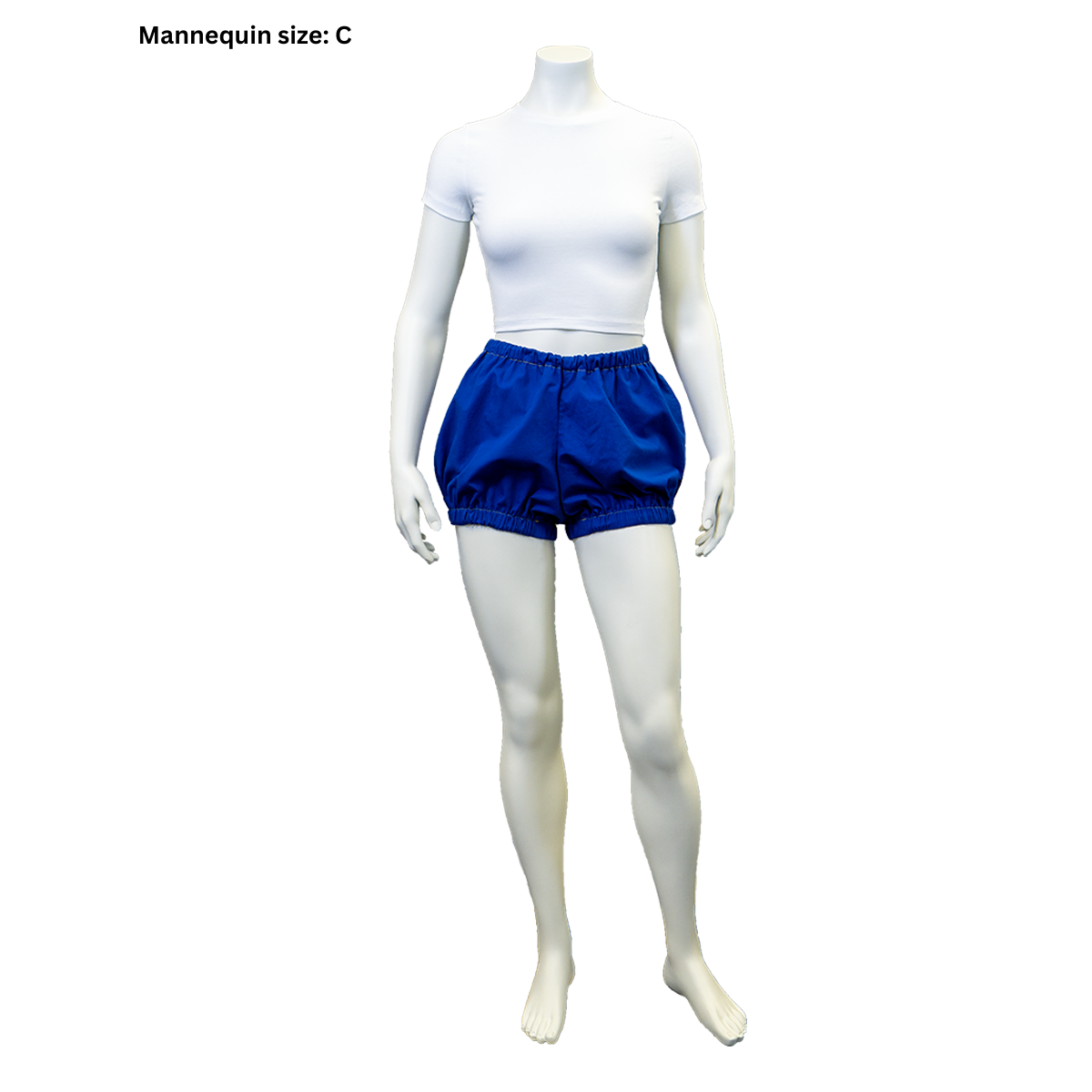A photo of the front view of our female mannequin in the completed Short Bloomers (size C).