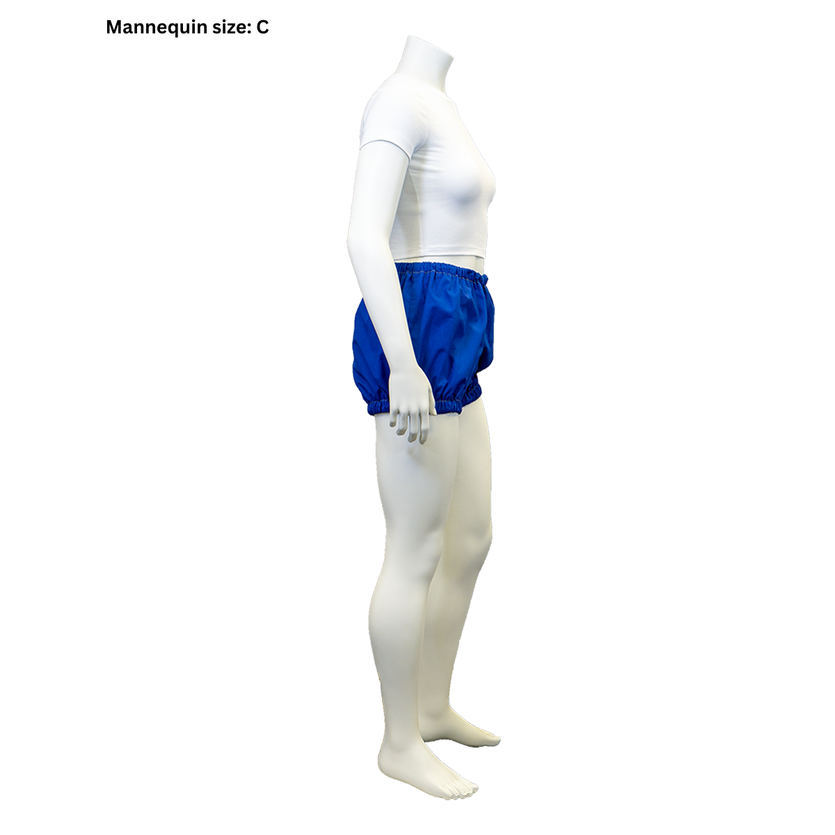 A photo of the right side view of our female mannequin in the completed Short Bloomers (size C).
