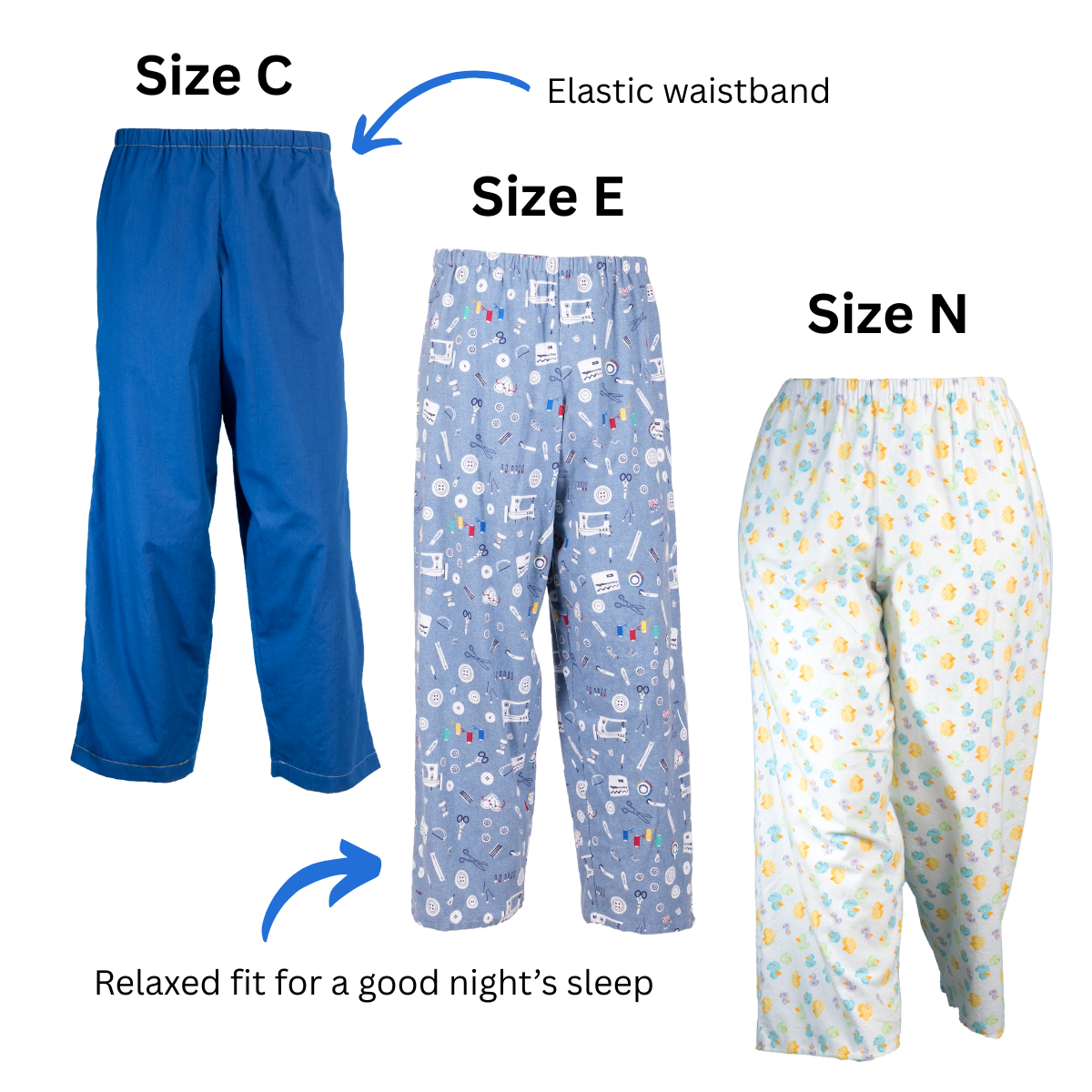 Size C, Size E, and Size N pajama pants side-by-side. Text and arrows point out the elastic waistband and relaxed fit for "a good night's sleep."