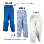 Size C, Size E, and Size N pajama pants side-by-side. Text and arrows point out the elastic waistband and relaxed fit for "a good night's sleep."