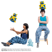 Photo of female model, hyliancream (size C), and male model, matthew_aizel (size E), in various poses while wearing the Pajama Pants and cropped shirts. They are interacting with a plush toy prop modeled after First Stop Cosplay mascot, Timmy.