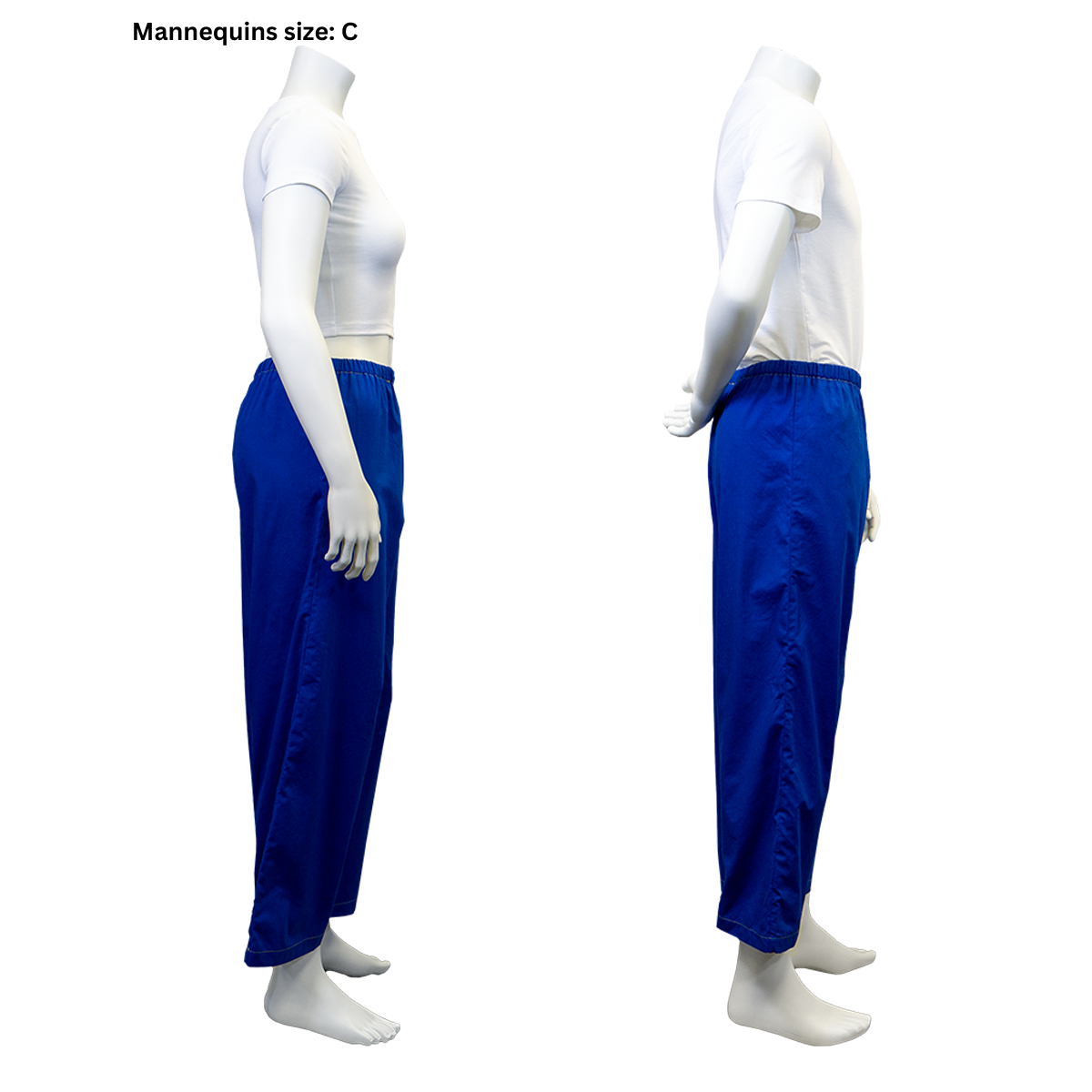 A photo of the right side view of our female and male mannequins in the completed Pajama Pants (size C).