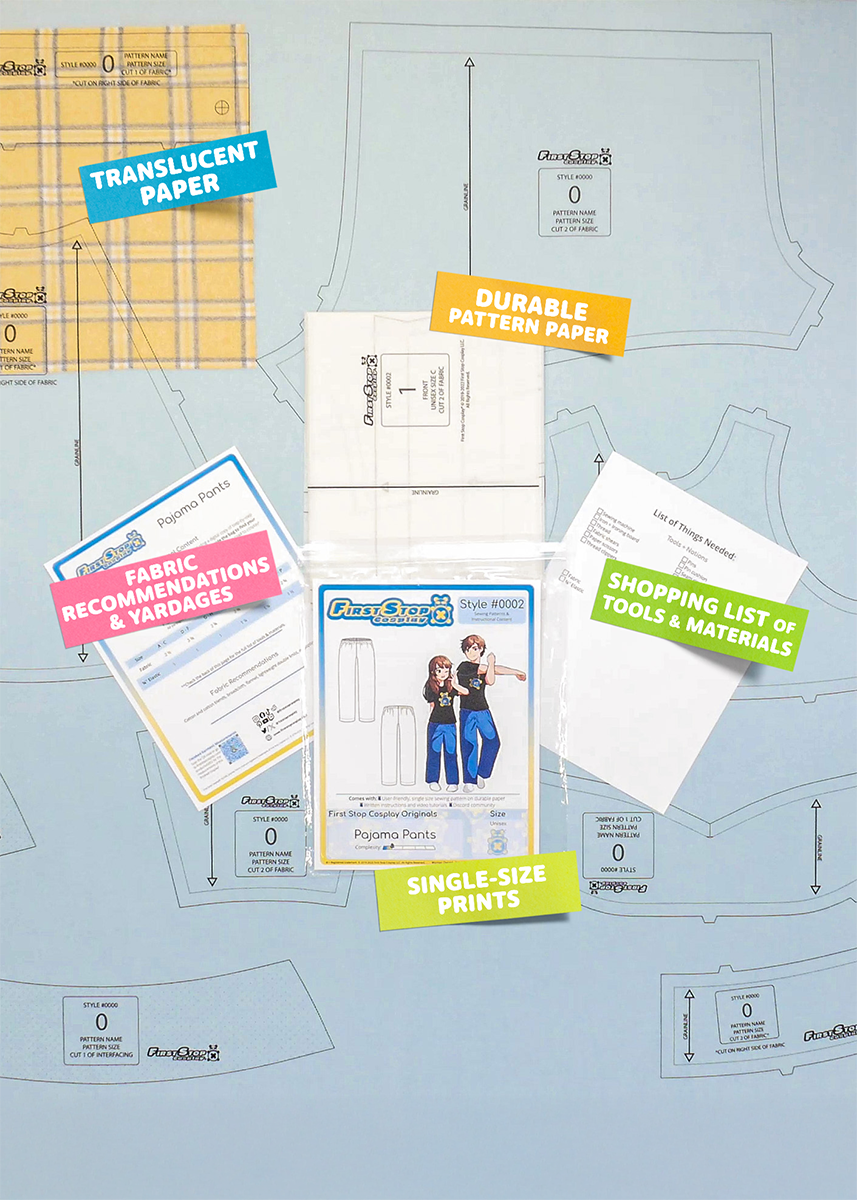Contents of the Pajama Pants sewing pattern and packaging. Text boxes highlight features corresponding to those included in the product, such as durable translucent paper, single-size prints, a shopping list of tools and materials, and fabric recommendations.