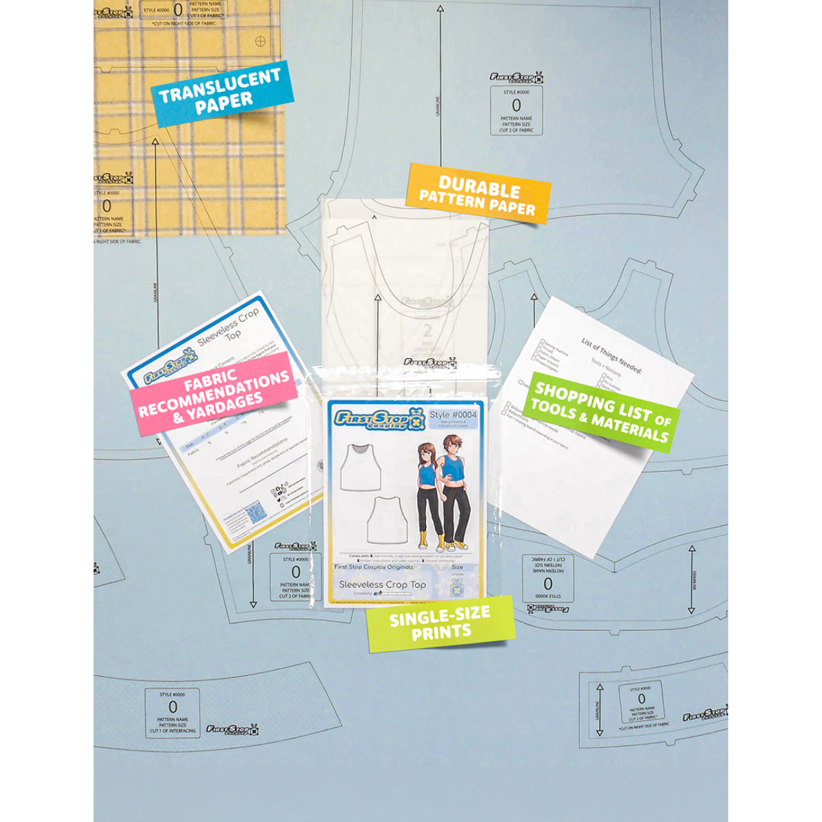 Overhead image of printed pages of the Pajama Pants sewing pattern and packaging. Text boxes across the image highlight features corresponding to those included in the product, such as translucent paper, single-size prints, a shopping list of tools and materials, and fabric recommendations.