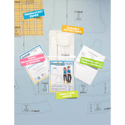 Overhead image of printed pages of the Pajama Pants sewing pattern and packaging. Text boxes across the image highlight features corresponding to those included in the product, such as translucent paper, single-size prints, a shopping list of tools and materials, and fabric recommendations.