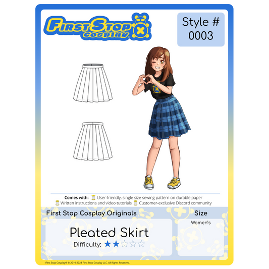 A graphic of the front packaging for Style #0003- Pleated Skirt. The First Stop Cosplay logo is in the top left corner. Below the logo is line art of the completed pattern. To the right is an image of our female character, Pan, wearing the completed Pleated Skirt with a black Timmy graphic t-shirt. This pattern is 2 star in difficulty rating and follows our women's size chart.