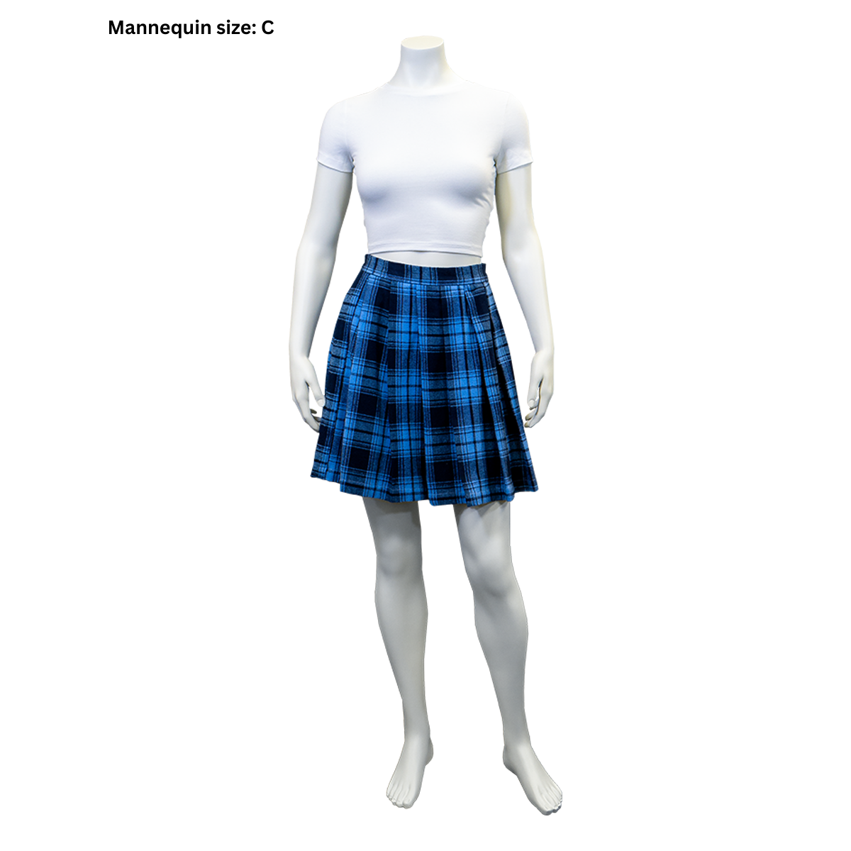 A photo of the front view of our female mannequin in the completed Pleated Skirt (size C).