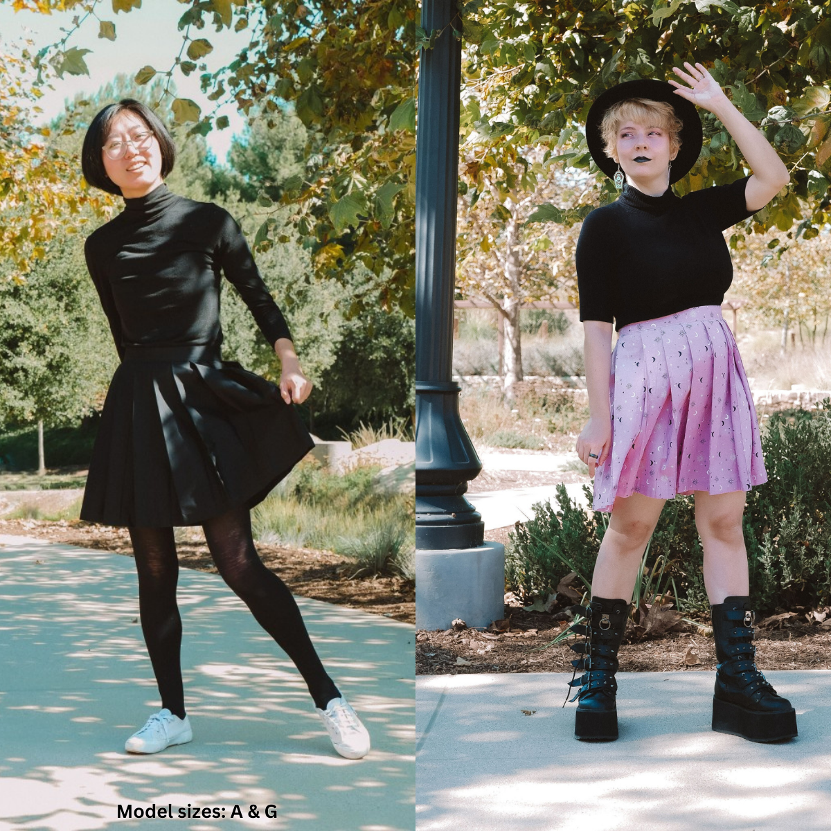 A photo of 2 people. One with a black pleated skirt (size A) with a black top, and the other in a pink starry pleated skirt (size G) with a black top.