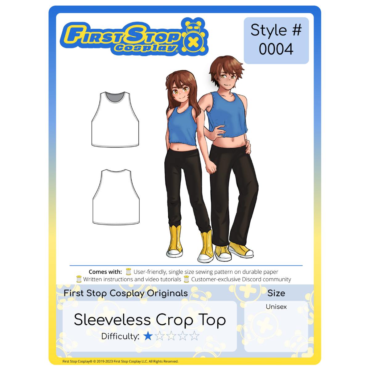 A graphic of the front packaging for Style #0004- Sleeveless Crop Top. The First Stop Cosplay logo is in the top left corner. Below the logo is line art of the completed pattern. To the right is an image of our female & male characters, Pan & Dah, wearing the completed Sleeveless Crop Top with a black pants. This pattern is 1 star in difficulty rating and follows our unisex size chart.