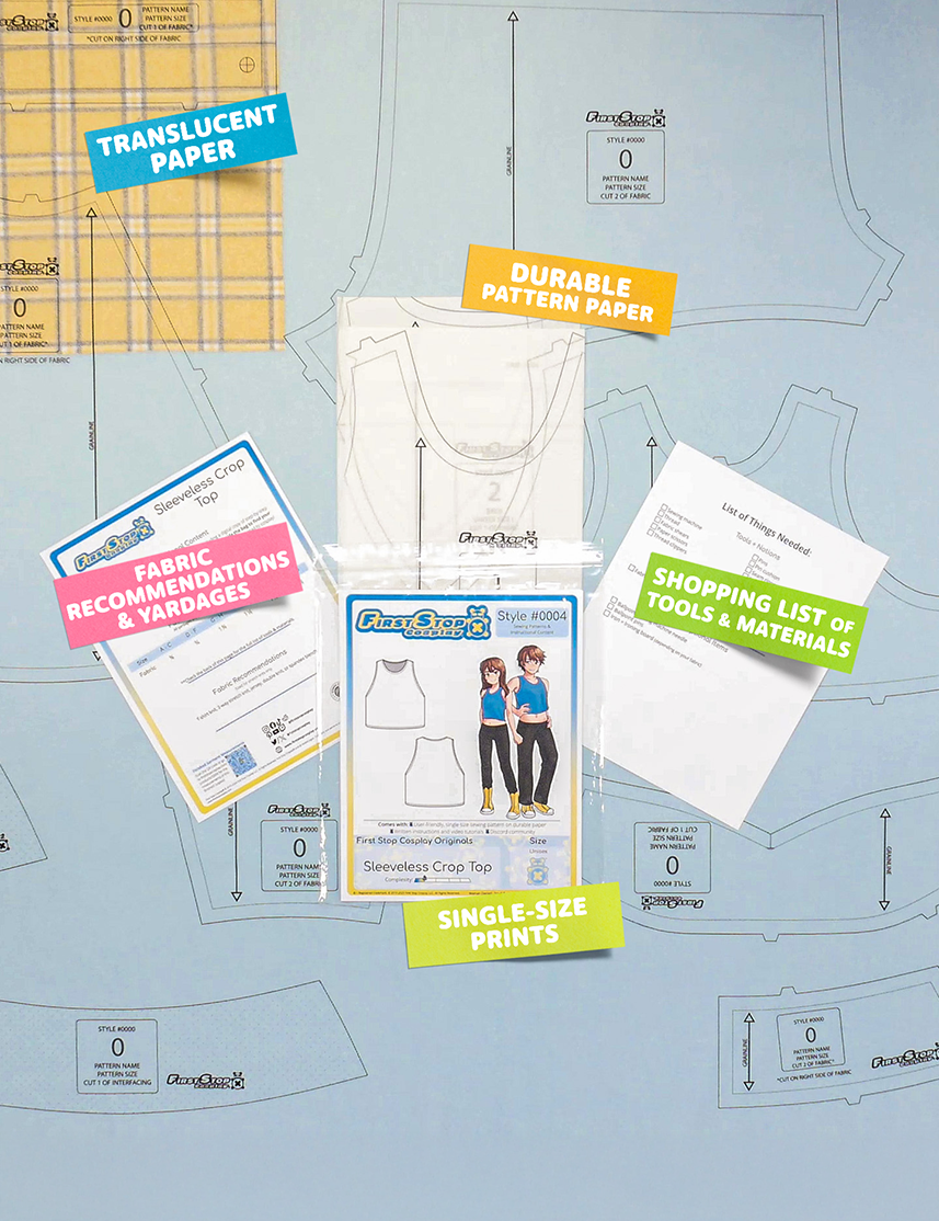 Contents of the Sleeveless Crop Top sewing pattern and packaging. Text boxes highlight features corresponding to those included in the product, such as durable translucent paper, singe-size prints, ability to print from home, shopping lists of tools and materials, and fabric recommendations.