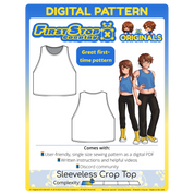 Graphic of the digital Sleeveless Crop Top sewing pattern, featuring the First Stop Cosplay logo and art of th epattern and original character, with a text bubble saying, "Great first-time pattern." A graphic icon indicating complexity shows a rating of 1 out of 5, suggesting the pattern is beginner-friendly.