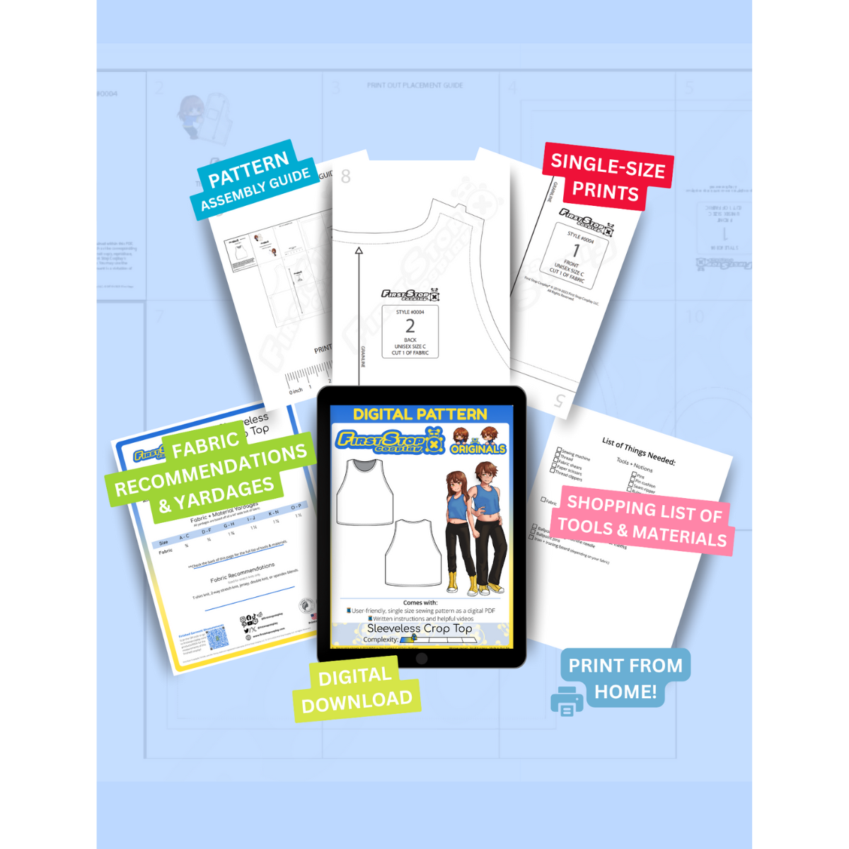 FSCO® DIGITAL Casual Sleeveless Crop Top Sewing Pattern