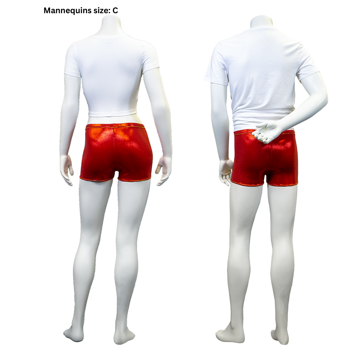 A photo of the back view of our female and male mannequins in the completed Safety Shorts (size C).