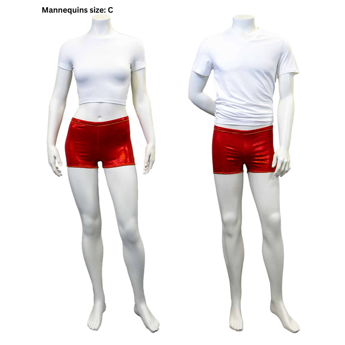 A photo of the front view of our female and male mannequins in the completed Safety Shorts (size C).