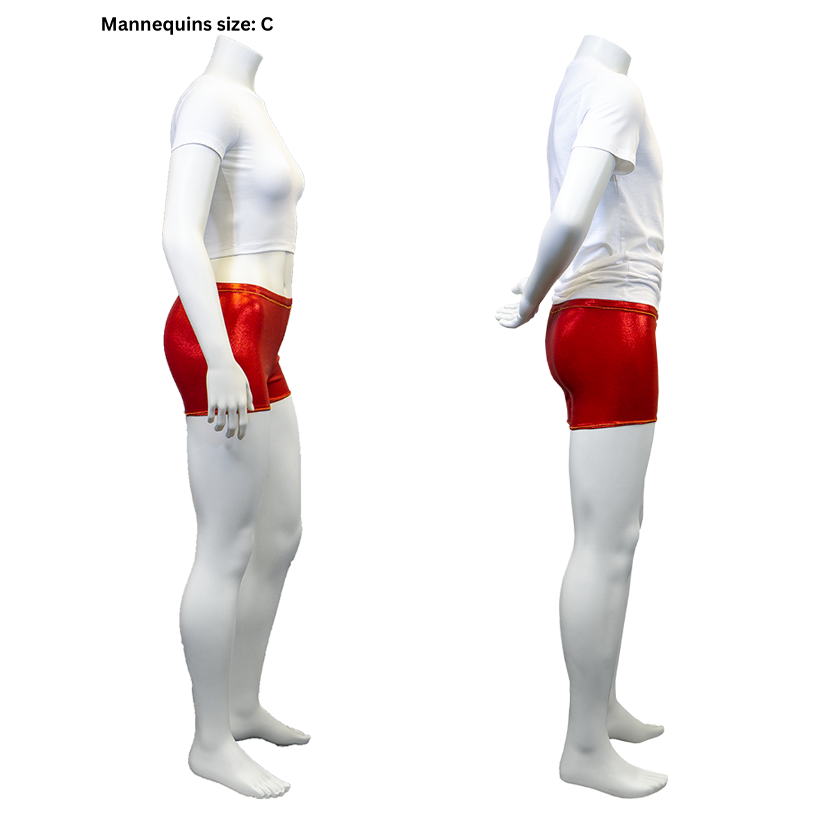 A photo of the right side view of our female and male mannequins in the completed Safety Shorts (size C).