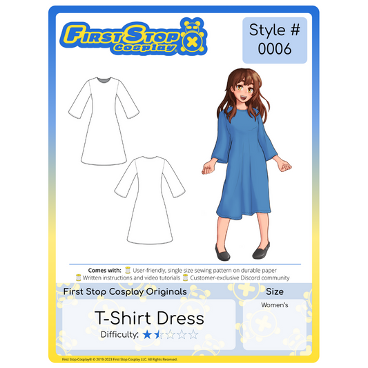 A graphic of the front packaging for Style #0006- T-Shirt Dress. The First Stop Cosplay logo is in the top left corner. Below the logo is line art of the completed pattern. To the right is an image of our female character, Pan, wearing the completed T-Shirt Dress. This pattern is 1 1/2 star in difficulty rating and follows our women's size chart.