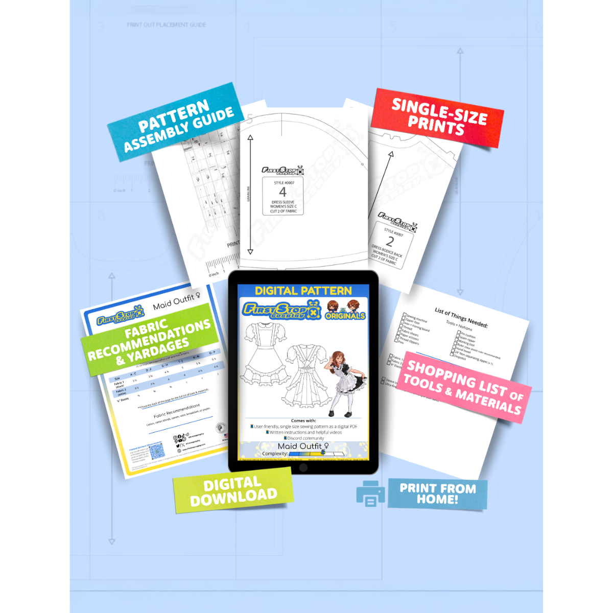 Contents of  the digital Maid Outfit (women's) sewing pattern with the product art on a tablet screen, referencing the downloadable format of the pattern. Text boxes highlight features corresponding to those included in the product, such as pattern assembly guide, single-size prints, ability to print from home, shopping lists of tools and materials, and fabric recommendations.