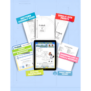 Contents of  the digital Maid Outfit (women's) sewing pattern with the product art on a tablet screen, referencing the downloadable format of the pattern. Text boxes highlight features corresponding to those included in the product, such as pattern assembly guide, single-size prints, ability to print from home, shopping lists of tools and materials, and fabric recommendations.