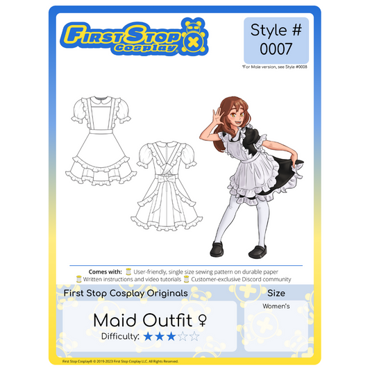 A graphic of the front packaging for Style #0007- Maid Outfit (Female). The First Stop Cosplay logo is in the top left corner. Below the logo is line art of the completed pattern. To the right is an image of our female character, Pan, wearing the completed Maid Outfit (Female). This pattern is 3 star in difficulty rating and follows our women's size chart.