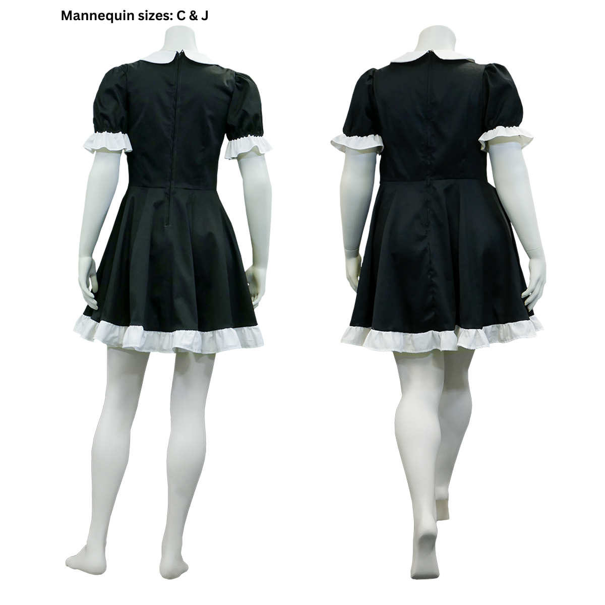 A photo of the back view of our female and plus size female mannequins in the completed Maid Outfit (sizes C and J) without the apron.