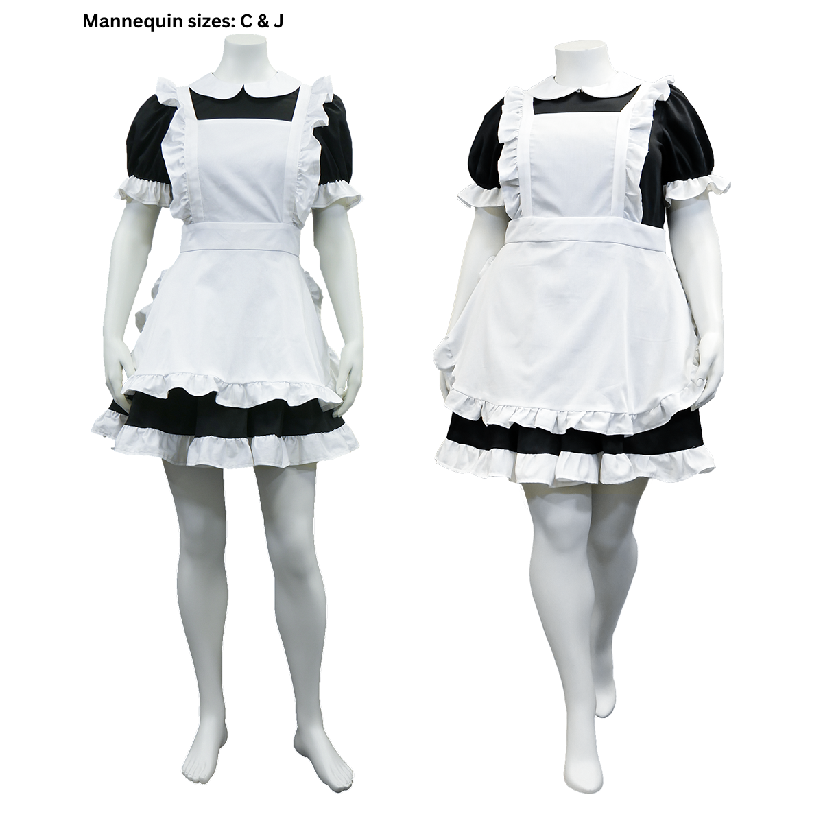 A photo of the front view of our female and plus size female mannequins in the completed Maid Outfit (sizes C and J) with the apron.