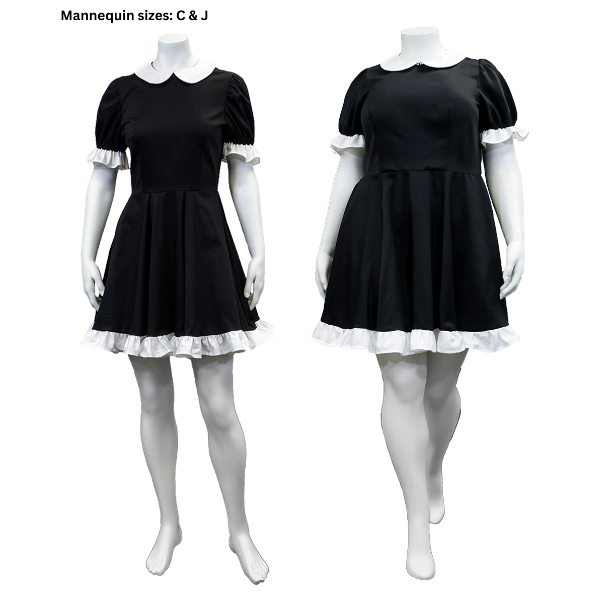 A photo of the front view of our female and plus size female mannequins in the completed Maid Outfit (sizes C and J) without the apron.