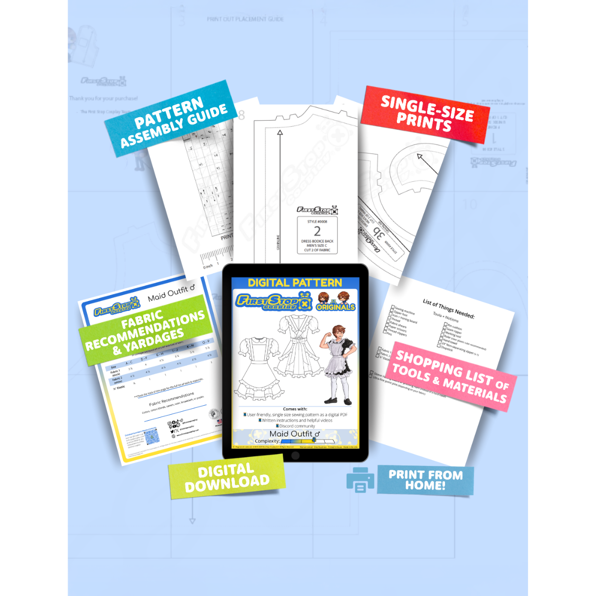 Contents of  the digital Maid Outfit (men's) sewing pattern with the product art on a tablet screen, referencing the downloadable format of the pattern. Text boxes highlight features corresponding to those included in the product, such as pattern assembly guide, single-size prints, ability to print from home, shopping lists of tools and materials, and fabric recommendations.
