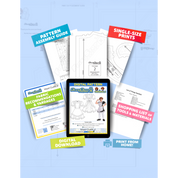 Contents of  the digital Maid Outfit (men's) sewing pattern with the product art on a tablet screen, referencing the downloadable format of the pattern. Text boxes highlight features corresponding to those included in the product, such as pattern assembly guide, single-size prints, ability to print from home, shopping lists of tools and materials, and fabric recommendations.