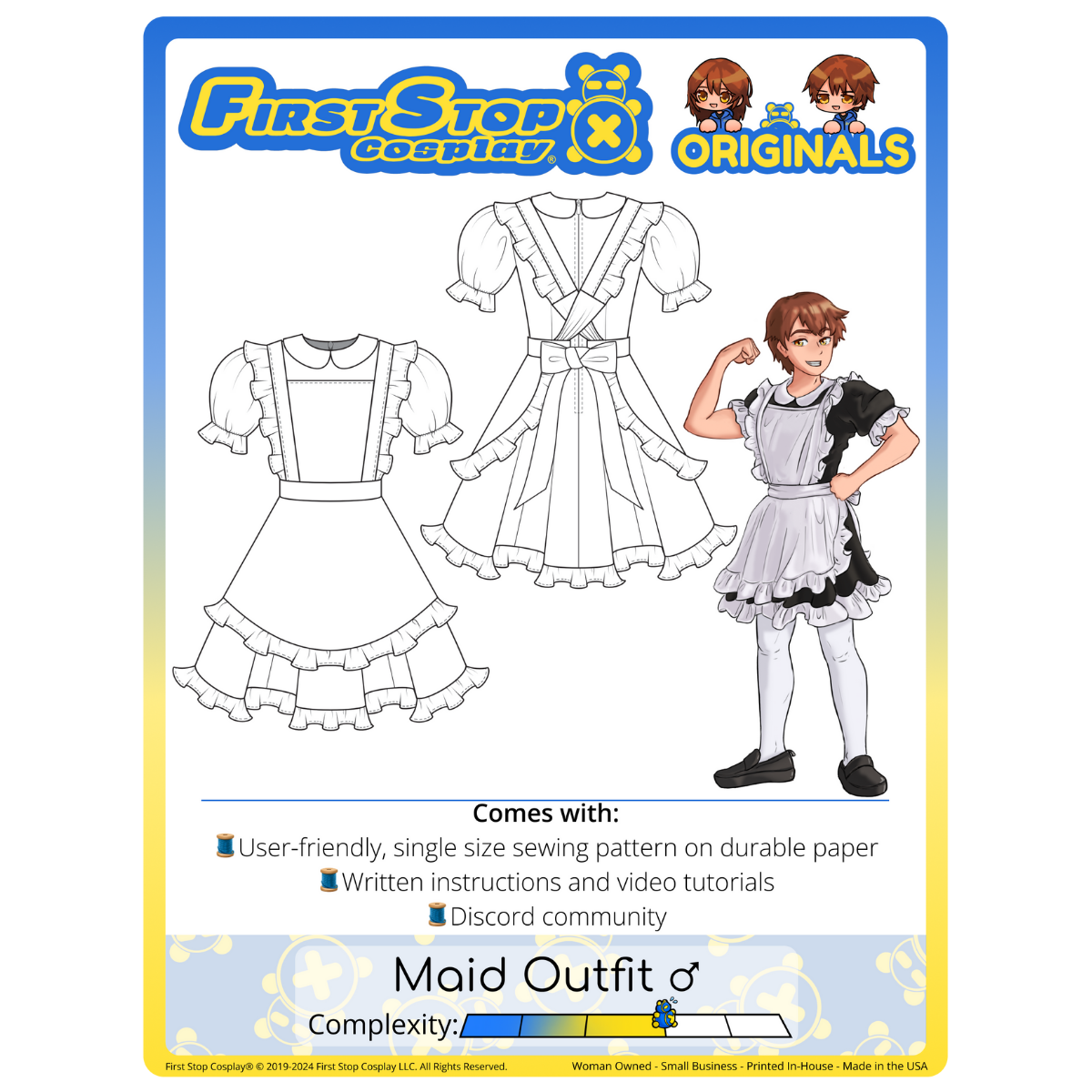 Graphic of the Maid Outfit (men's) sewing pattern packaging, featuring the First Stop Cosplay logo and art of the pattern and original character. A graphic icon indicating complexity shows a rating of 3 out of 5, suggesting the pattern is intermediate complexity.