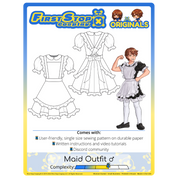 Graphic of the Maid Outfit (men's) sewing pattern packaging, featuring the First Stop Cosplay logo and art of the pattern and original character. A graphic icon indicating complexity shows a rating of 3 out of 5, suggesting the pattern is intermediate complexity.