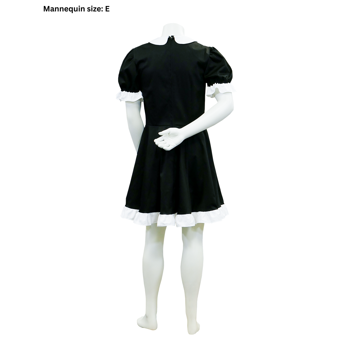 The reverse side of the dress part of the FSCO Maid Outfit (m) cosplay. Details of the puff sleeves are more prominent. The skirt hits just above the back of the knee on this mannequin.