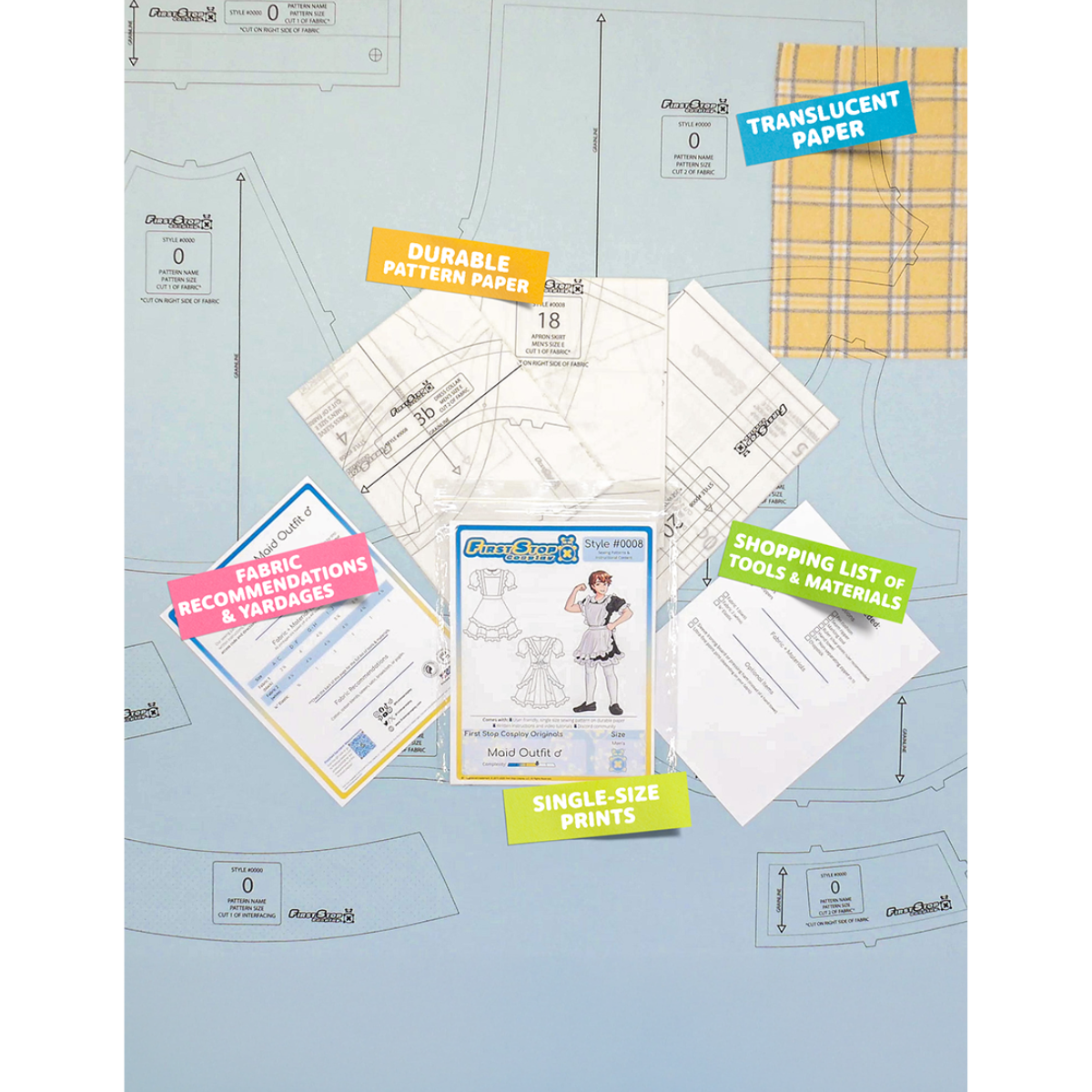 Contents of the Maid Outfit (men's) sewing pattern and packaging. Text boxes highlight features corresponding to those included in the product, such as durable translucent paper, single-size prints, a shopping list of tools and materials, and fabric recommendations.