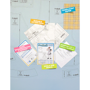 Contents of the Maid Outfit (men's) sewing pattern and packaging. Text boxes highlight features corresponding to those included in the product, such as durable translucent paper, single-size prints, a shopping list of tools and materials, and fabric recommendations.