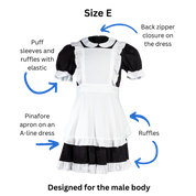 Size E Maid Outfit (men's) with text and arrows pointing out the back zipper closure on the dress, puff sleeves with elastic armholes, pinafore apron, A-line silhouette, and ruffles. Text at the bottom states that this pattern is specifically designed for the male body.