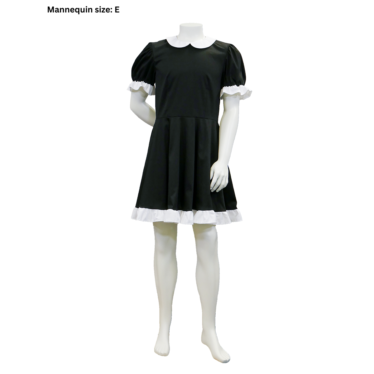 The front view of the dress portion of the completed FSCO Maid Outfit (m) without the apron. Fit of the skirt is more visible as well as the white ruffles at the ends of the sleeve and skirt hem as well as white Peter Pan collar.