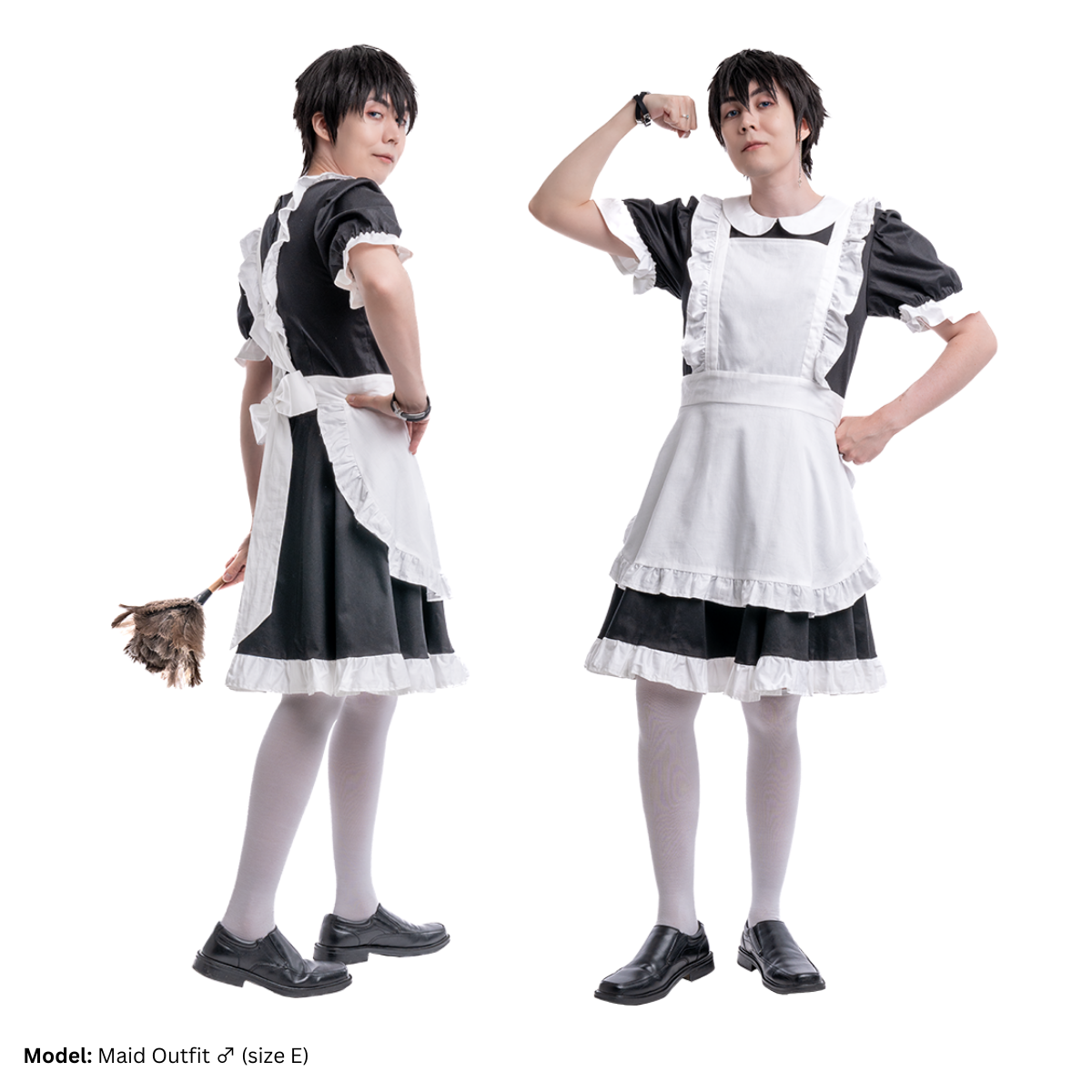 Male model, matthew_aizel, posing in the Maid Outfit (men's). His image has be duplicated, with one variant facing away from the camera, show the bow in the back of the apron, and the other variant facing toward the camera and flexing his arms.