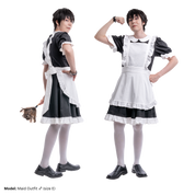 Male model, matthew_aizel, posing in the Maid Outfit (men's). His image has be duplicated, with one variant facing away from the camera, show the bow in the back of the apron, and the other variant facing toward the camera and flexing his arms.