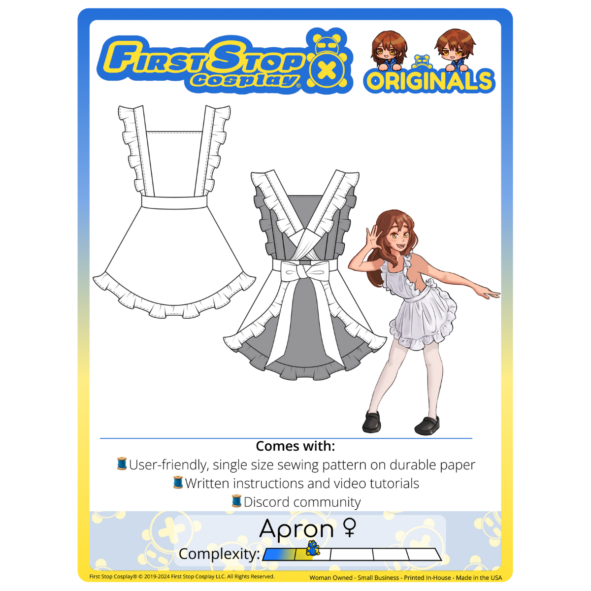Graphic of the Apron (women&#39;s) sewing pattern packaging, featuring the First Stop Cosplay logo and art of the pattern and original character. A graphic icon indicating complexity shows a rating of 1.5 out of 5, suggesting the pattern is beginner-friendly.