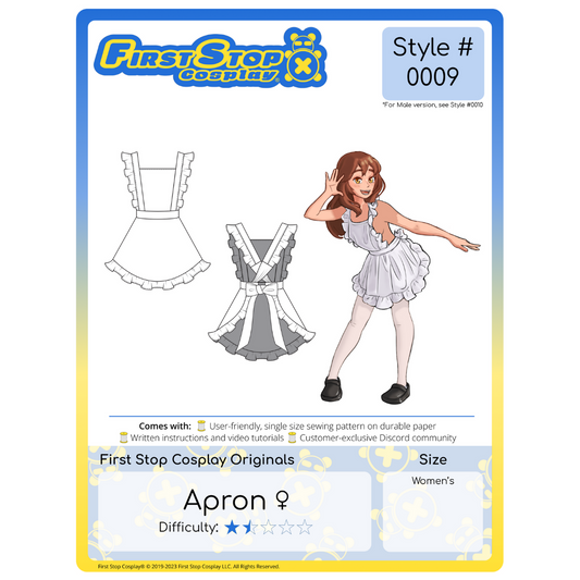 A graphic of the front packaging for Style #0009- Apron (Female). The First Stop Cosplay logo is in the top left corner. Below the logo is line art of the completed pattern. To the right is an image of our female character, Pan, wearing the completed Apron (Female). This pattern is 1 1/2 star in difficulty rating and follows our women's size chart.