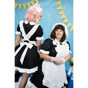 Model, sugarvail_ (size C), and a plus size (size J) model posing while wearing the Maid Outfit (women's) with Apron. The size C model is facing away, showing off the bow of the apron, while the size J model faces toward the camera with arms clasped at the waist of the apron.