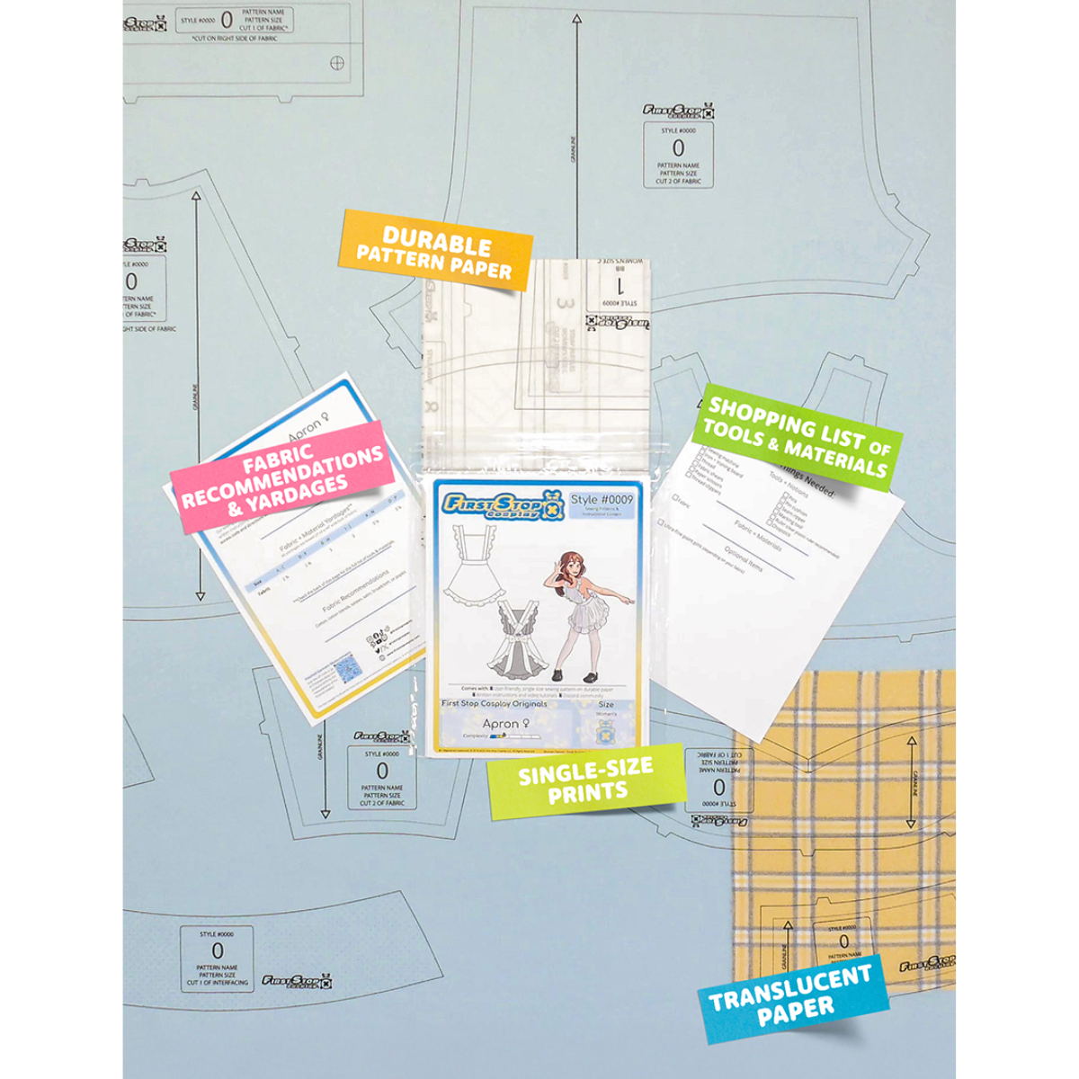 Contents of the Apron (women's) sewing pattern and packaging. Text boxes highlight features corresponding to those included in the product, such as durable translucent paper, single-size prints, a shopping list of tools and materials, and fabric recommendations.
