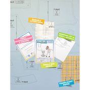 Contents of the Apron (women's) sewing pattern and packaging. Text boxes highlight features corresponding to those included in the product, such as durable translucent paper, single-size prints, a shopping list of tools and materials, and fabric recommendations.