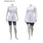 Two completed FSCO Aprons (f) on female mannequins in sizes C and J, respectively. the aprons are both white with white trim. The A-line silhouette of the apron is visible.