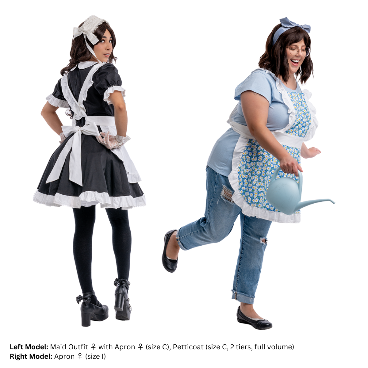 Two female models wearing the Apron (women's). On the left, a size C model facing away from the camera in a Maid Outfit and Apron, tugging at the bow of the apron. On the right, a plus size model wearing a daisy-print Apron over jeans and a tee shirt and posing with a watering can as if she is watering flowers.