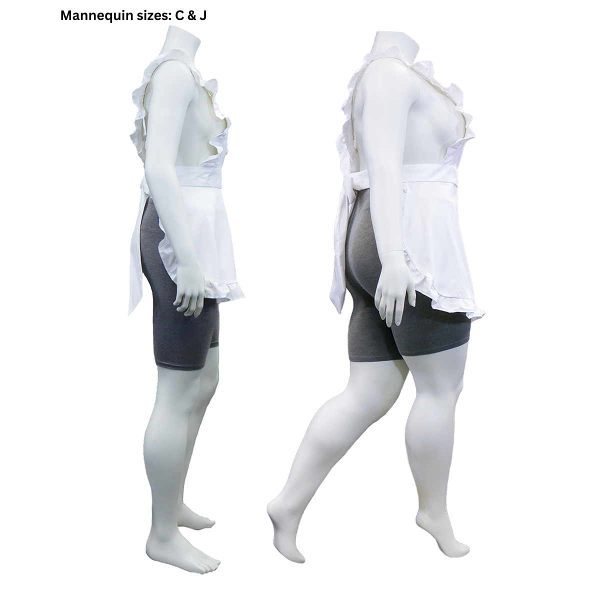 The profile views of two completed FSCO Aprons (f) on size C and J mannequins. The ruffle detailing is visible on the straps and bottom of the apron. The apron's length hits mid-thigh.