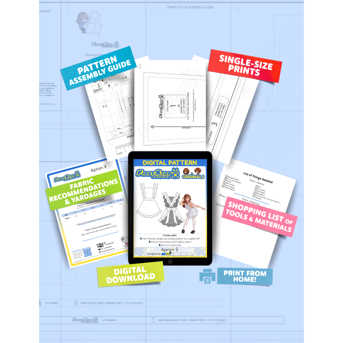 Contents of  the digital Apron (women's) sewing pattern with the product art on a tablet screen, referencing the downloadable format of the pattern. Text boxes highlight features corresponding to those included in the product, such as pattern assembly guide, single-size prints, ability to print from home, shopping lists of tools and materials, and fabric recommendations.