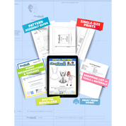 Contents of  the digital Apron (women's) sewing pattern with the product art on a tablet screen, referencing the downloadable format of the pattern. Text boxes highlight features corresponding to those included in the product, such as pattern assembly guide, single-size prints, ability to print from home, shopping lists of tools and materials, and fabric recommendations.