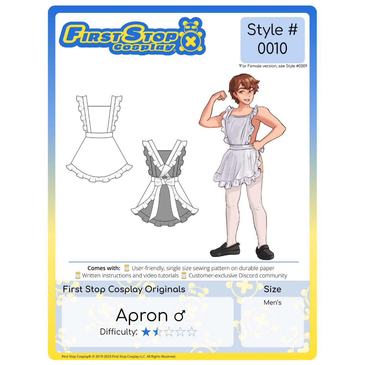 A graphic of the front packaging for Style #0010- Apron (Male). The First Stop Cosplay logo is in the top left corner. Below the logo is line art of the completed pattern. To the right is an image of our male character, Dah, wearing the completed Apron (Male). This pattern is 1 1/2 star in difficulty rating and follows our men's size chart.