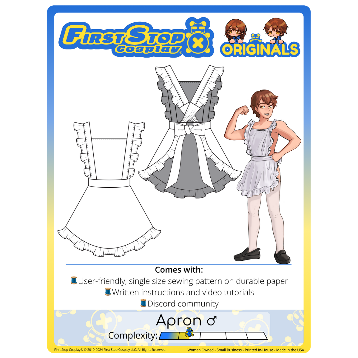 Graphic of the Apron (men&#39;s) sewing pattern packaging, featuring the First Stop Cosplay logo and art of the pattern and original character. A graphic icon indicating complexity shows a rating of 1.5 out of 5, suggesting the pattern is beginner-friendly.