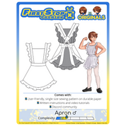 Graphic of the Apron (men's) sewing pattern packaging, featuring the First Stop Cosplay logo and art of the pattern and original character. A graphic icon indicating complexity shows a rating of 1.5 out of 5, suggesting the pattern is beginner-friendly.